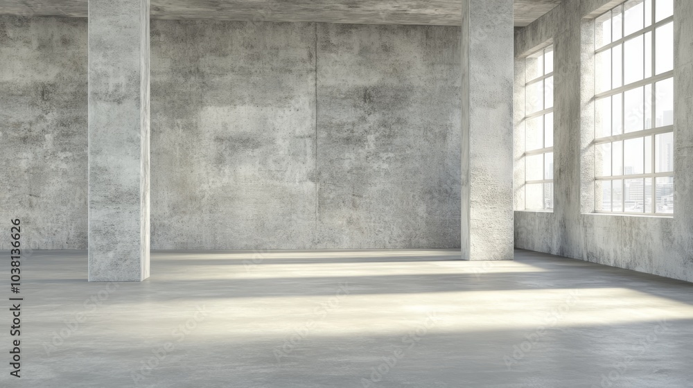A spacious, minimalistic interior featuring concrete walls and large windows, creating a bright and open atmosphere. A spacious, minimalistic interior featuring concrete walls and large windows, creating a bright and open atmosphere.