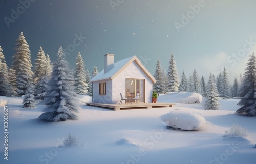 A small white cottage sits on a snowy hill with a forest of snow-covered pine trees behind it.