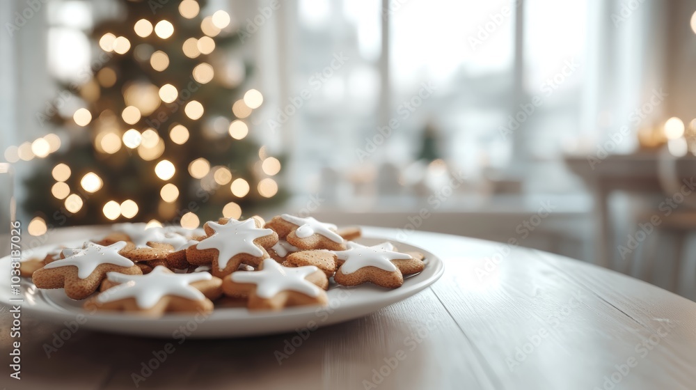 Christmas cookies on display, festive treats with a twinkling tree backdrop Christmas cookies on display, festive treats with a twinkling tree backdrop