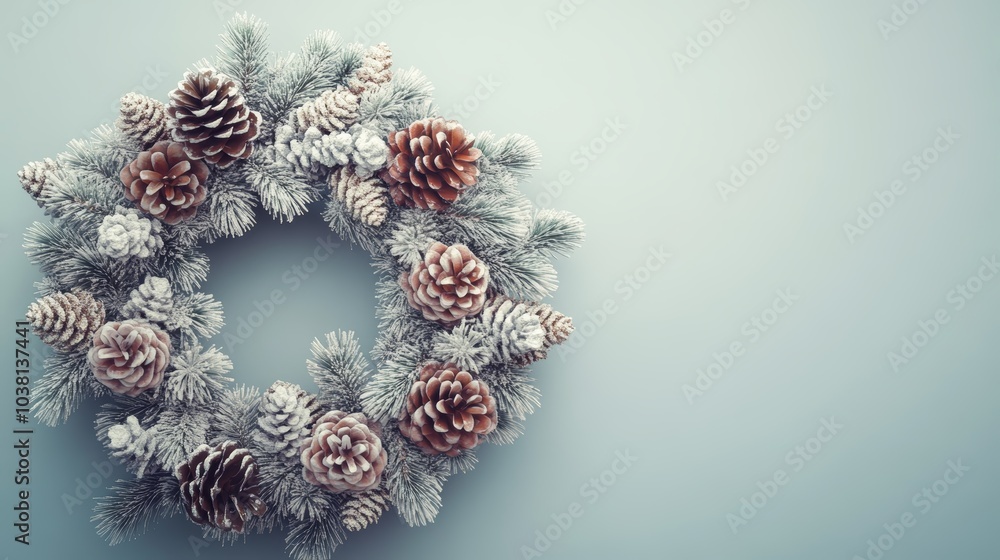 Festive christmas wreath with pine cones on a tranquil blue background for holiday decoration Festive christmas wreath with pine cones on a tranquil blue background for holiday decoration
