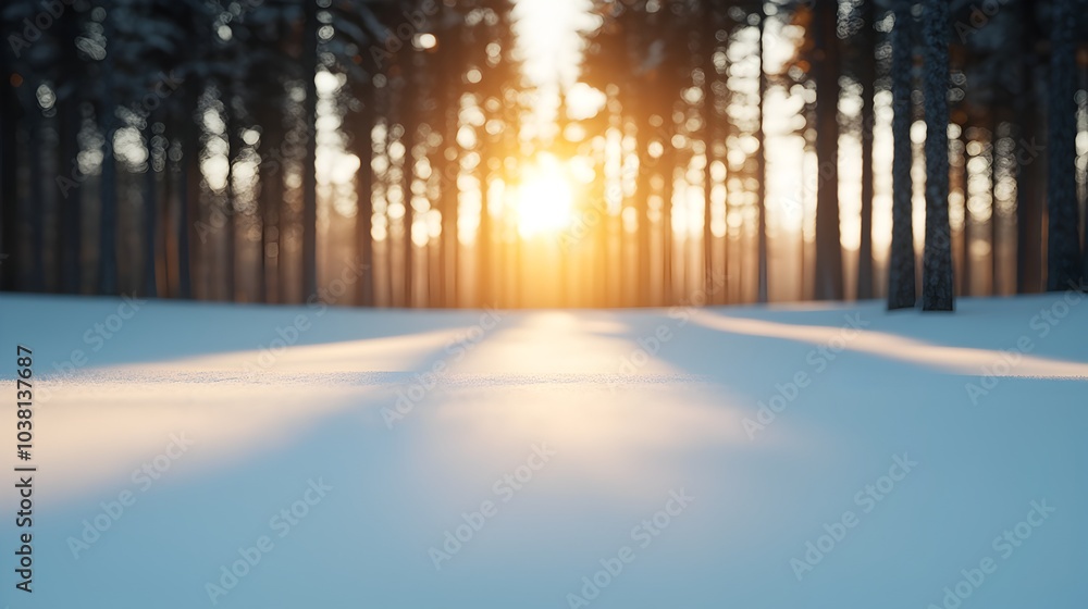 Naklejka premium Snow Covered Forest at Sunrise with Filtering Light