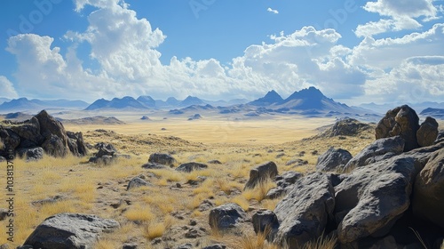 A rocky African plateau under a bright sky, leaving room for copy above. photo