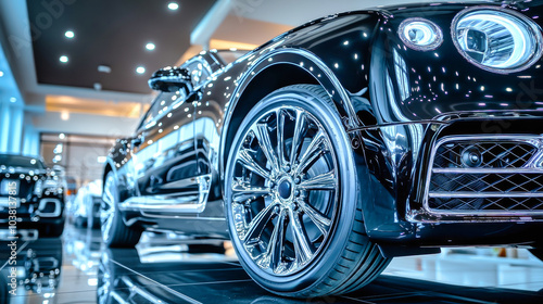 Luxurious black vehicle on display in an upscale showroom highlighting its sleek chrome wheels and polished finish in a modern auto shop setting