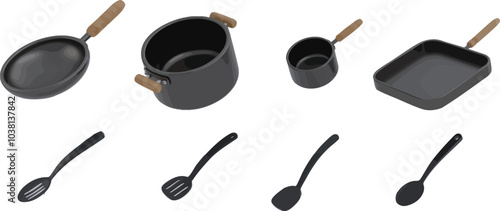 3d kitchen spoon icon fork knife vector food cook cutlery plate set tableware cooking restaurant meal element spatula pan lunch kitchenware chef isolated dish cartoon render eat background object