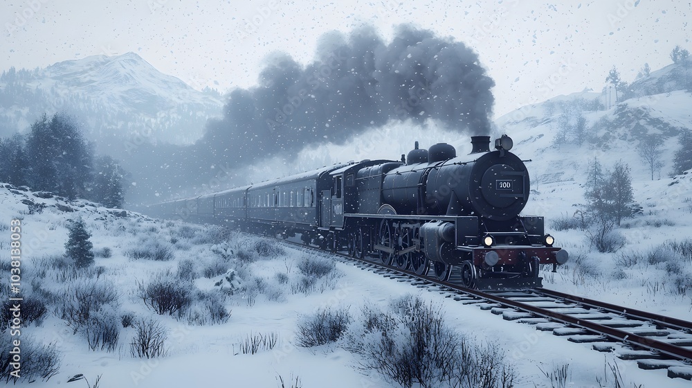 Obraz premium Snow Covered Train Traversing Majestic Mountain Pass in Scenic Landscape