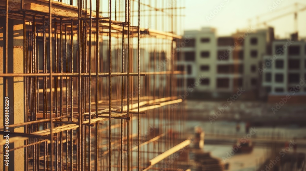 Urban development in progress, a building under construction with scaffolding and exposed structure Urban development in progress, a building under construction with scaffolding and exposed structure