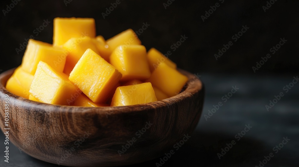 Mango cubes in a wooden bowl, carefully lit to highlight their golden color against a jet-black backdrop. Mango cubes in a wooden bowl, carefully lit to highlight their golden color against a jet-black backdrop.