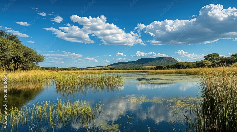 Obraz premium A tranquil African wetland with tall reeds and water reflections, leaving space for copy.
