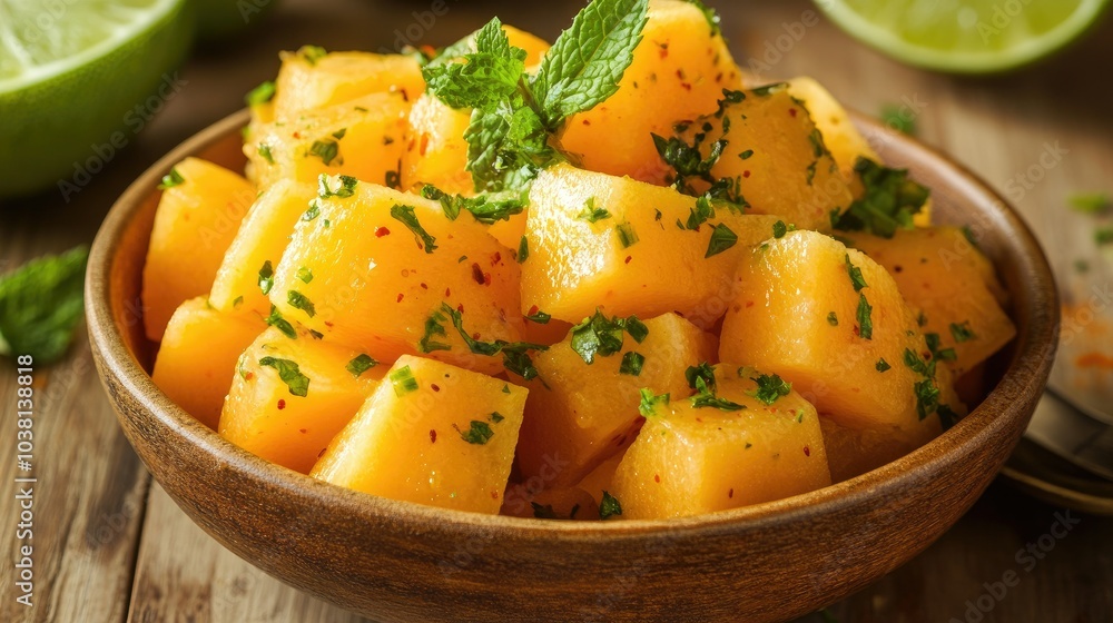 Melon cubes mixed with lime zest, mint, and a hint of chili powder, served in a rustic bowl, showcasing a blend of sweet and spicy Melon cubes mixed with lime zest, mint, and a hint of chili powder, served in a rustic bowl, showcasing a blend of sweet and spicy
