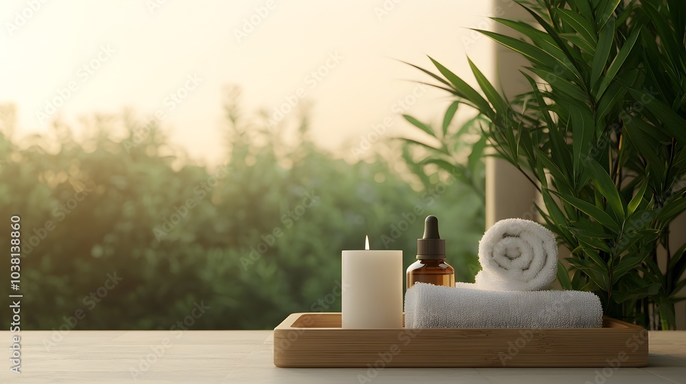 Spa Scene with Bamboo Tray Holding Essential Oils for Relaxation and Wellness Spa Scene with Bamboo Tray Holding Essential Oils for Relaxation and Wellness