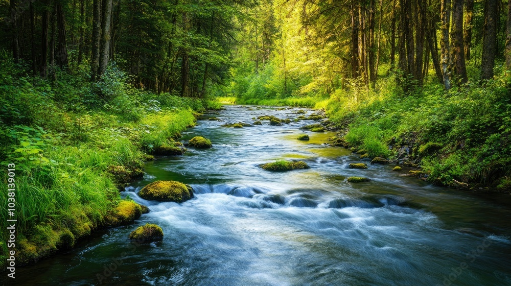 A tranquil forest river winding through North American wilderness, with room for copy. A tranquil forest river winding through North American wilderness, with room for copy.