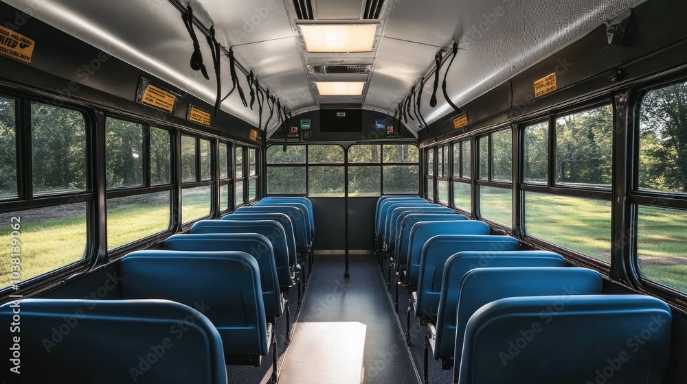 Minimalistic school bus interior with sleek seat rows and open space, highlighting clean lines and modern design elements. Minimalistic school bus interior with sleek seat rows and open space, highlighting clean lines and modern design elements.