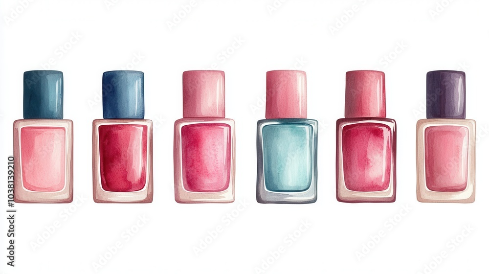 A vibrant watercolor illustration of five nail polish bottles in various shades, showcasing a mix of colors and elegant design. A vibrant watercolor illustration of five nail polish bottles in various shades, showcasing a mix of colors and elegant design.