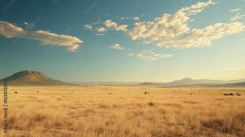 Obraz premium A vast African wilderness with open plains and a distant horizon, leaving room for text.