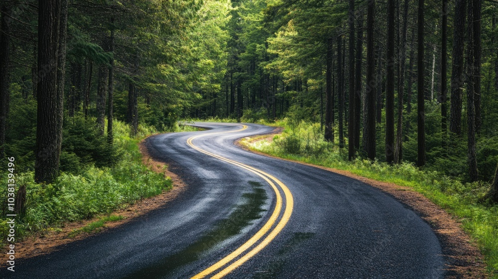 Fototapeta premium A winding road through a dense North American pine forest, leaving room for copy.