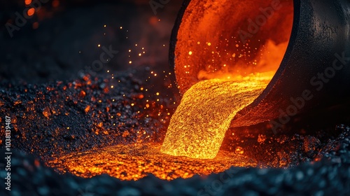 Molten metal being poured from a refractory ladle, showcasing the bright orange glow and intense heat of the liquid metal. photo