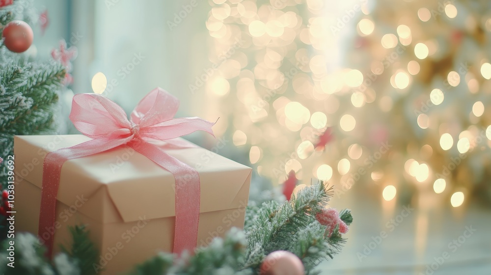 Christmas tree adorned with a pink bow and surrounded by presents Christmas tree adorned with a pink bow and surrounded by presents