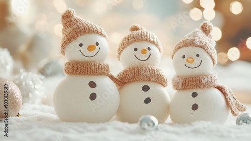 Wallpaper Mural Whimsical winter scene, three snowmen stand in friendly formation against a snowy backdrop Torontodigital.ca