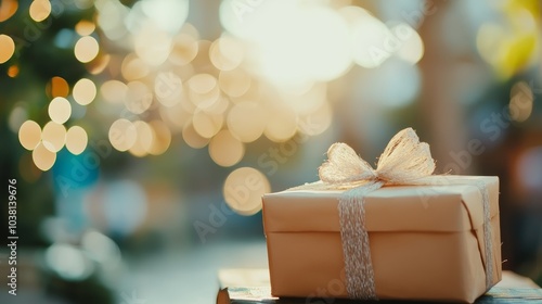 Purple present, a solitary gift box adorned with ribbon rests upon wooden surface, hinting at special occasion photo