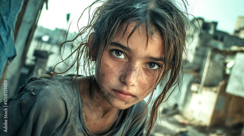 A young girl in a slum with a sad expression stands against a gritty urban backdrop, highlighting the harsh realities of poverty and neglect photo