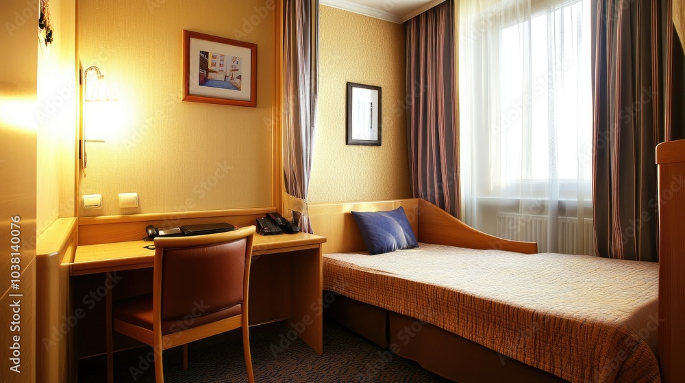 Neat hotel room with a single bed, a small desk, and a cozy corner chair, offering a straightforward and welcoming space Neat hotel room with a single bed, a small desk, and a cozy corner chair, offering a straightforward and welcoming space