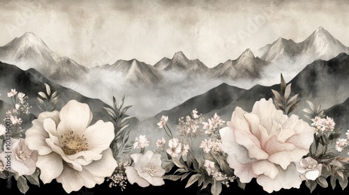 A serene landscape featuring mountains and delicate floral elements, creating a harmonious blend of nature and artistry.