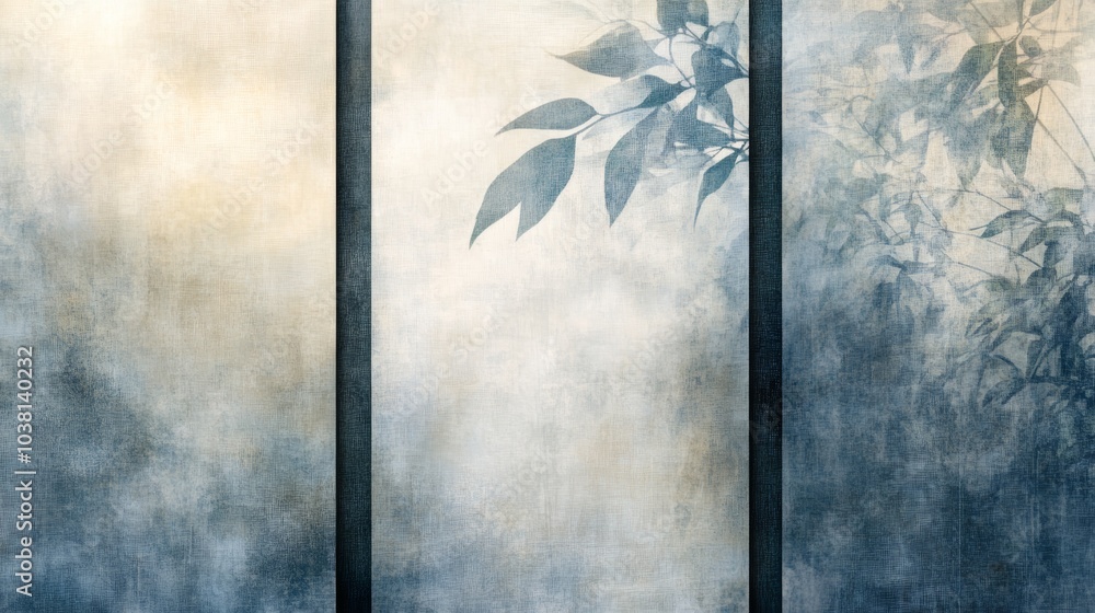 Fototapeta premium A serene, textured panel featuring subtle leaves against a misty backdrop, capturing a tranquil, nature-inspired atmosphere.