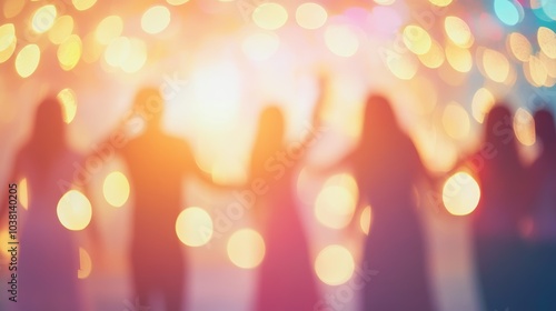 Silhouettes of concertgoers revel in the radiant energy of a live music performance photo