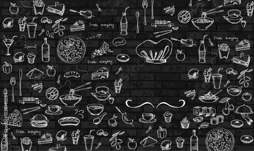 Fast Food Doodle illustration pattern on bricks background , vector illustration design.