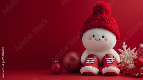 Festive baseball plush toy with red hat on red background, AI generative. photo