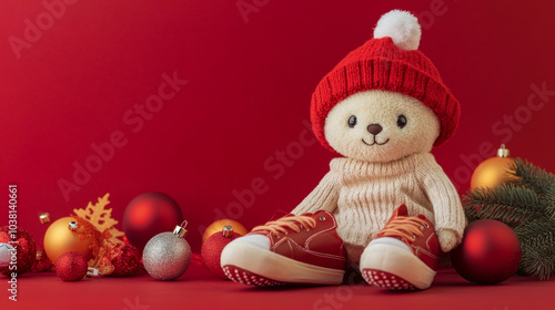 Joyful Christmas toy on vibrant red backdrop, AI generative. photo