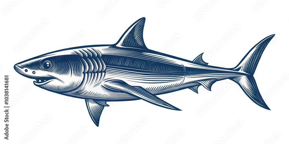 Obraz premium Shark hand-drawn logo perfect for minimalist designs. Isolated vector illustration ideal for labels, badges, T-shirts, and creative projects. Stylish, unique, and versatile graphic option.