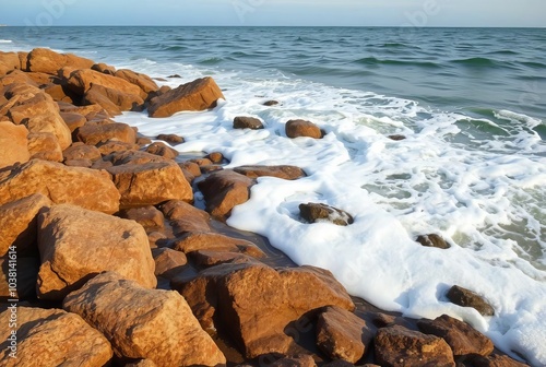 Foaming Inlet An inlet where waves break over rocks creating foa photo