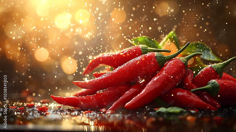 Fresh red chilies with water droplets, blurred background Fresh red chilies with water droplets, blurred background