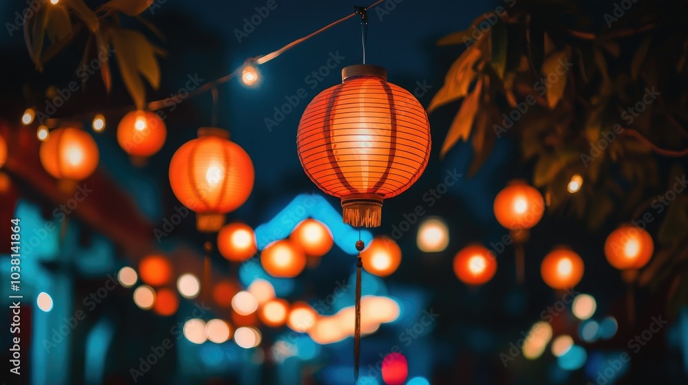 Red lanterns hanging in a row during a vibrant street festival at night. Red lanterns hanging in a row during a vibrant street festival at night.