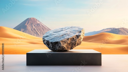 A striking rock rests on a pedestal, set against a serene desert landscape with mountains in the background.