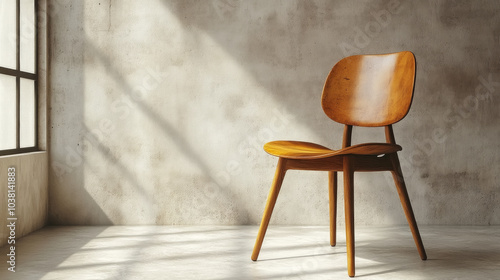 Contemporary wooden chair with a sleek design, soft shadows and simplicity, on a concrete background, created with AI. photo