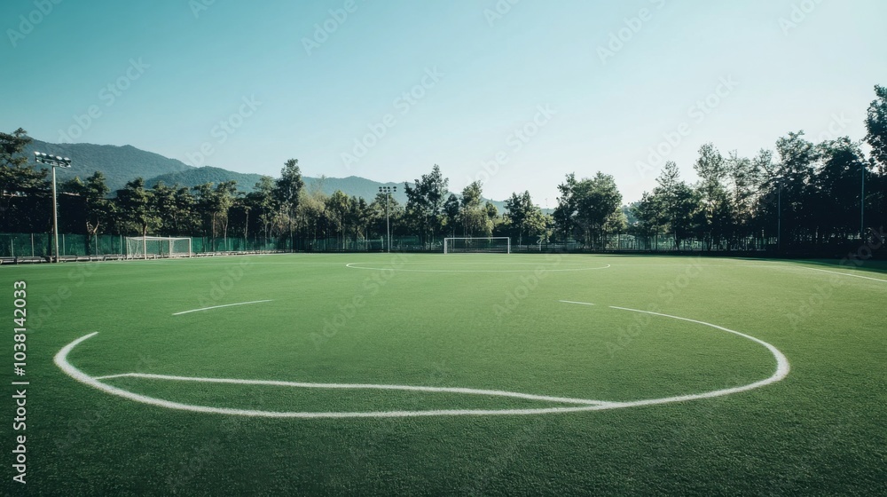 Fototapeta premium A soccer field with a focus on the green turf, outdoor setting with clear skies, Classic style