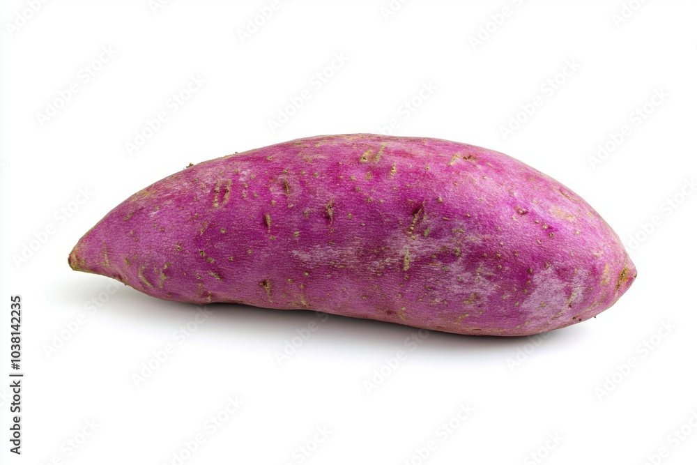 A single sweet potato with a purple skin, showcasing its natural shape and texture on a white background. A single sweet potato with a purple skin, showcasing its natural shape and texture on a white background.