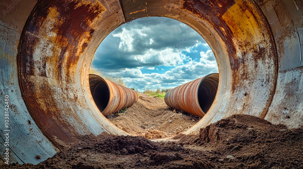 Exploring an underground passage with drinking water pipes under construction showing a view of the sky and clouds Exploring an underground passage with drinking water pipes under construction showing a view of the sky and clouds