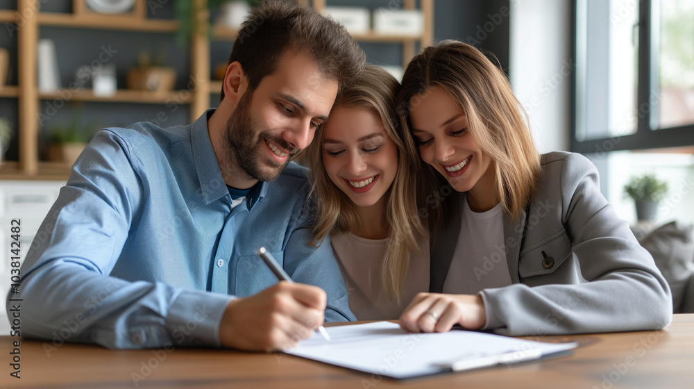 Three adults signing a document. Three adults signing a document.
