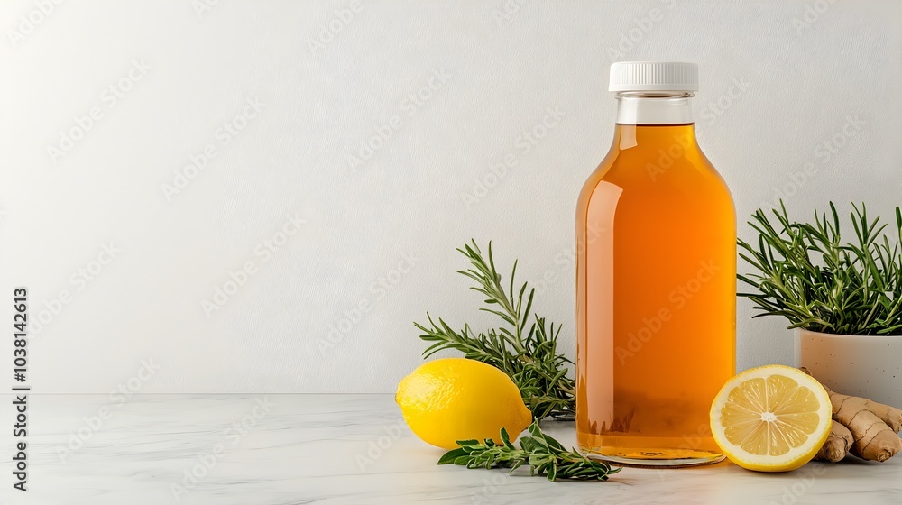 Aesthetically Pleasing Kombucha Bottle on Marble Countertop Background Aesthetically Pleasing Kombucha Bottle on Marble Countertop Background