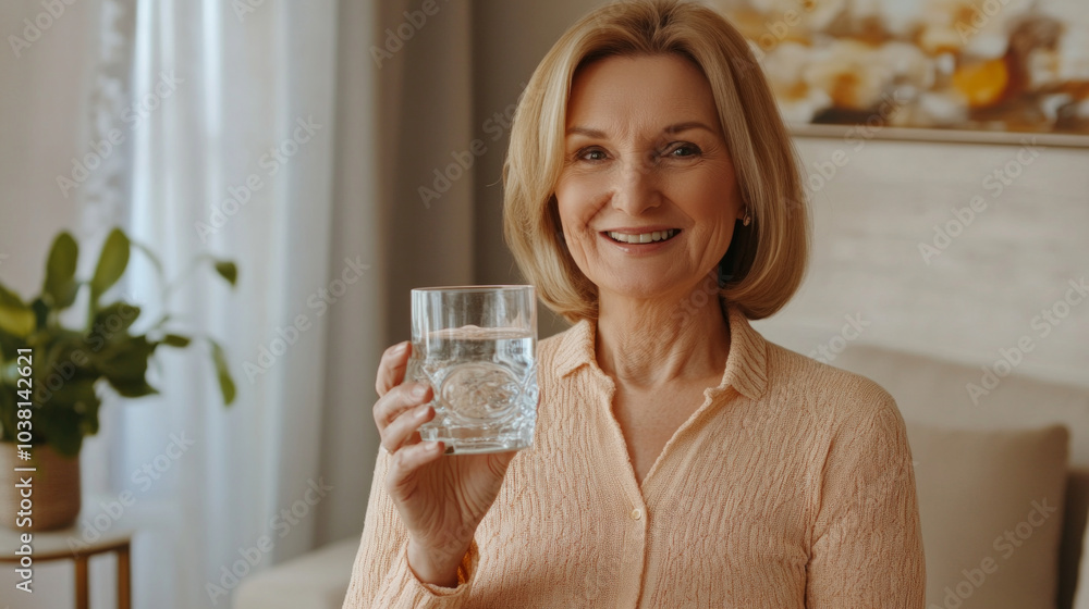 Mature lady enjoying clear mineral water in her home, staying hydrated. AI generative. Mature lady enjoying clear mineral water in her home, staying hydrated. AI generative.