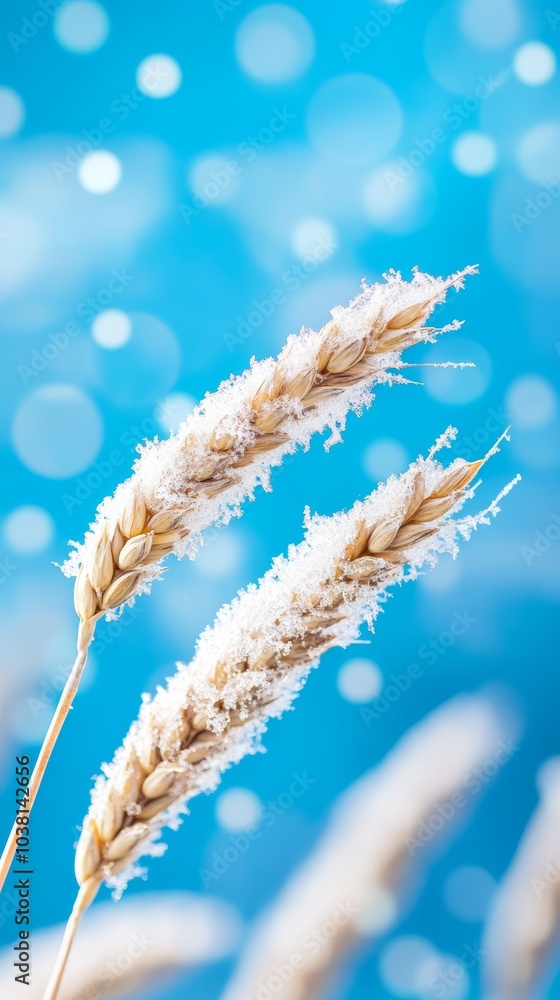 Naklejka premium Close-up of frosted grass against a blue bokeh background.