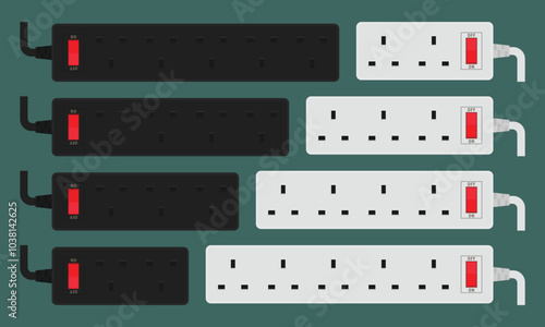 Power strips with red switches and varying numbers of type G outlets. Set of UK power strips