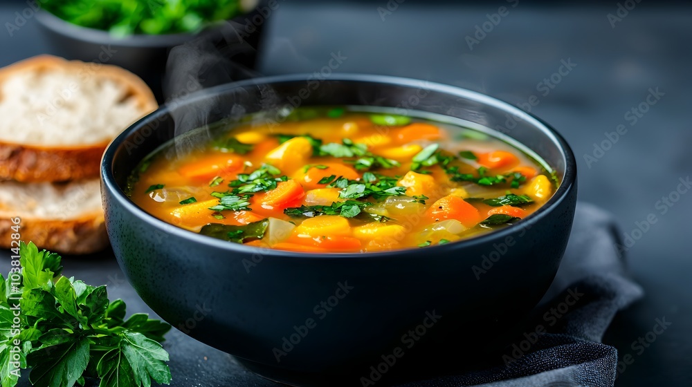 Steaming Bowl of Cozy Vegetable Soup in a Homemade Kitchen Setting Steaming Bowl of Cozy Vegetable Soup in a Homemade Kitchen Setting