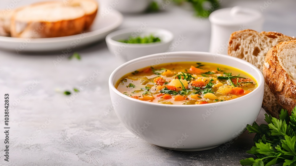 Steaming Bowl of Comforting Vegetable Soup in a Cozy Kitchen Setting Steaming Bowl of Comforting Vegetable Soup in a Cozy Kitchen Setting