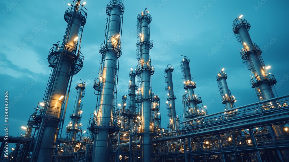 Refinery at night, bright lights, complex and efficient fuel processing Refinery at night, bright lights, complex and efficient fuel processing