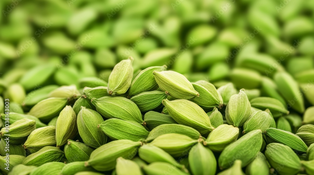 Close-up of green cardamom pods, vibrant and aromatic, on a textured surface. Close-up of green cardamom pods, vibrant and aromatic, on a textured surface.