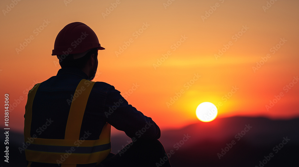 Worker Relaxing and Reflecting at Sunset Worker Relaxing and Reflecting at Sunset